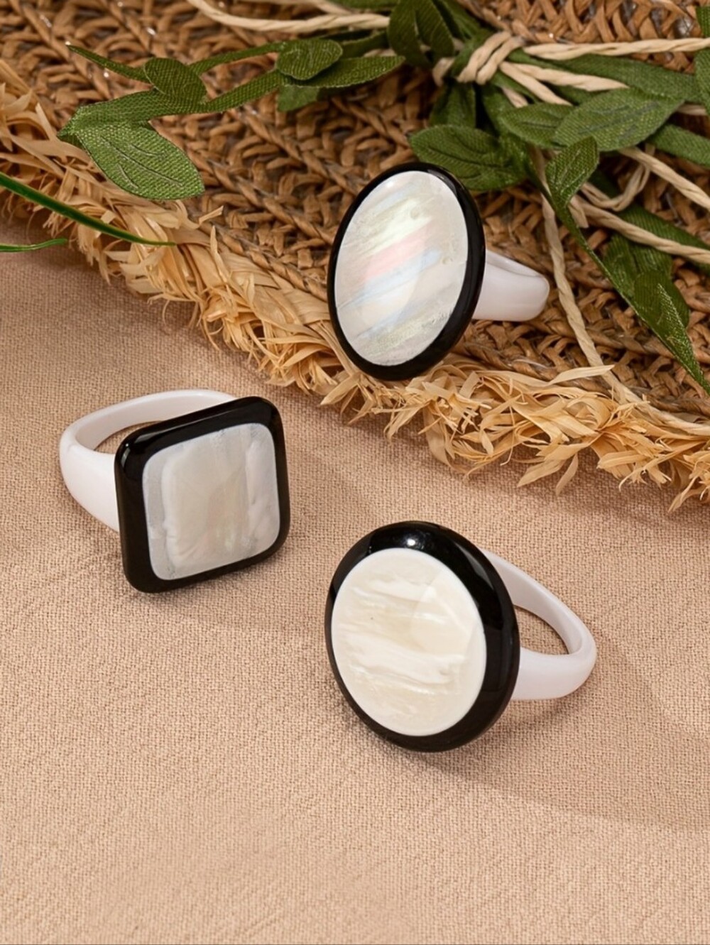 #54 3-Piece White Mother-of-Pearl Accent Ring Set, Can Fit 7-7.5